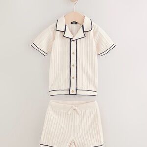 NEXT Cream Knitted Button Through Polo Shirt and Shorts Set- Size: 2T